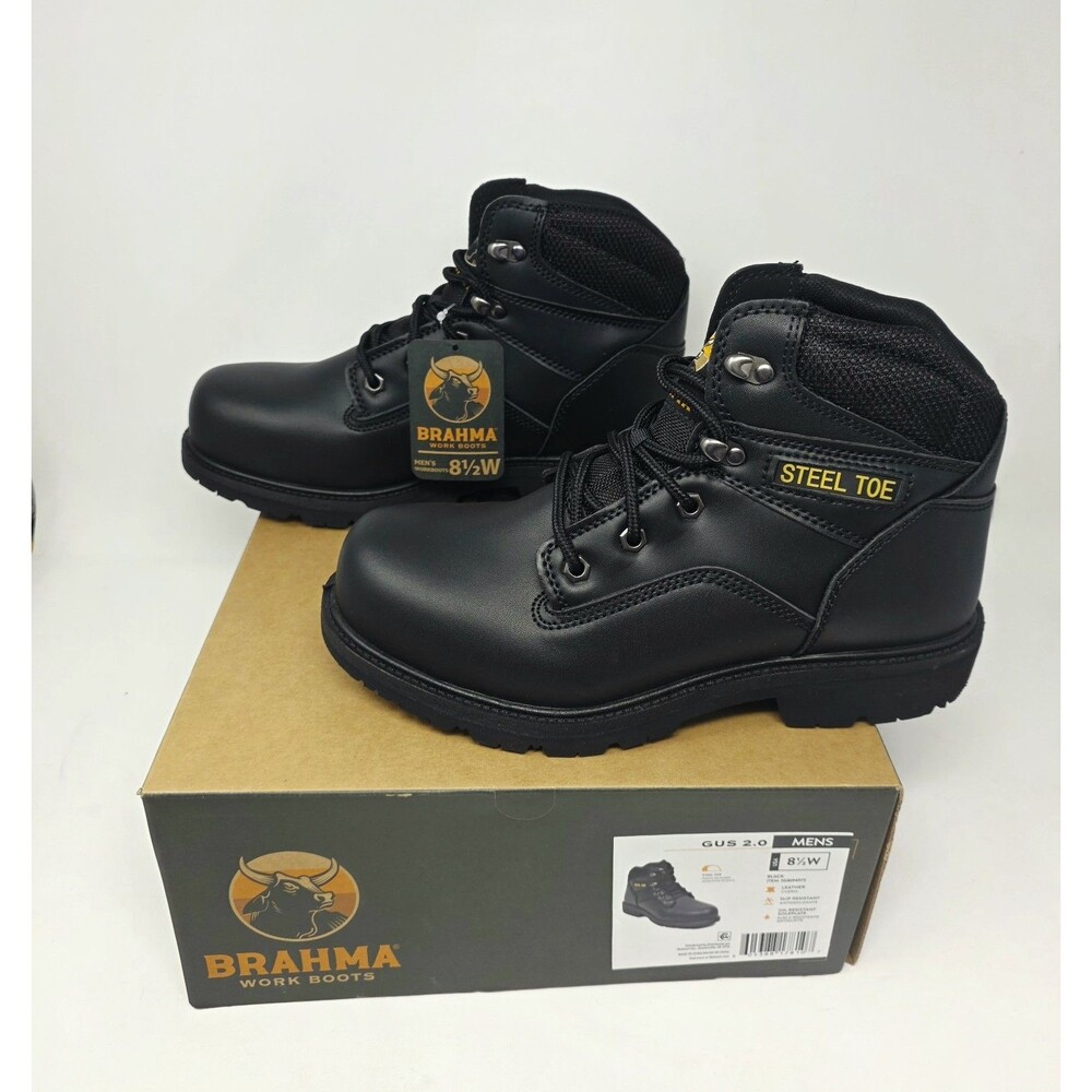 Brahma Men 8.5W Wide Width Gus 2.0 Steel Toe Black Leather 6" Work Boots Lace Up